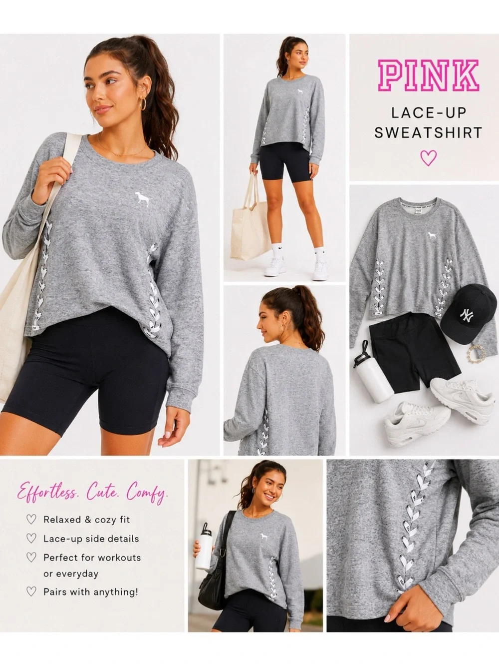 Victoria’s Secret PINK Grey Lace Up Sweatshirt - Picture 1 of 5